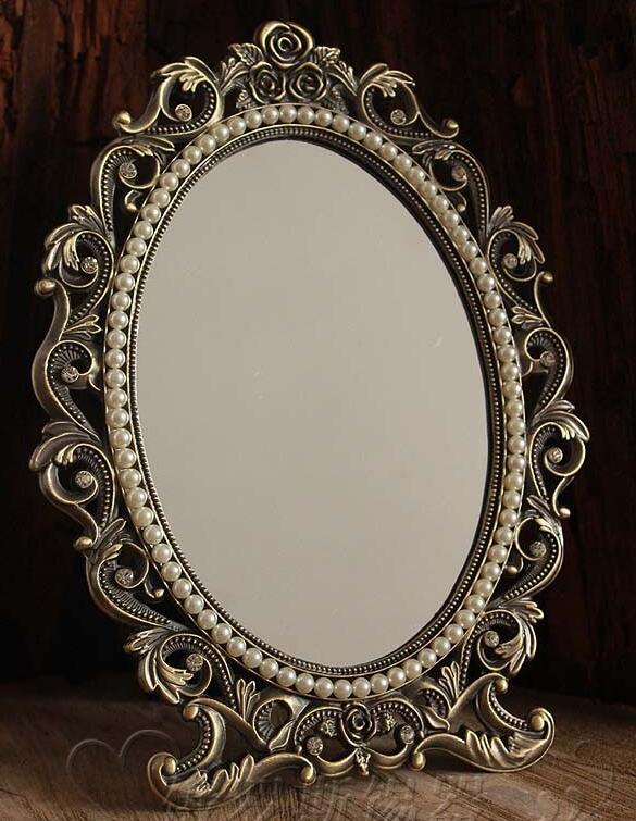 Espejo cosmético de escritorio retro para maquillaje, marco de metal con perlas en relieve floral, Decoración de mesa, bronce plateado, 337A