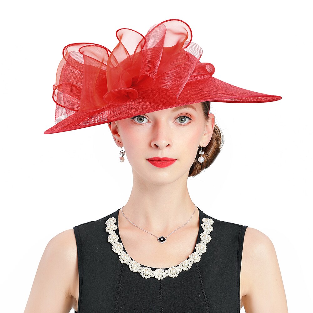 Bredskygget hat kvinder fedoras linned rød bund hatte fascinator sommer kasket blomsterdekoration udendørs dame hatte