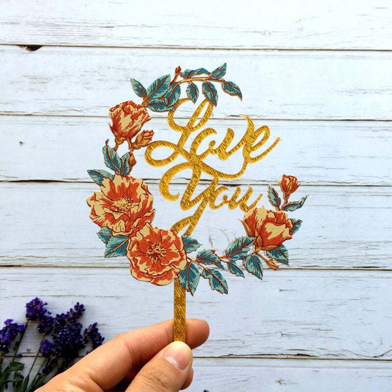 Love You Acrylic Wedding Cake Topper Rose Gold Letter Flower Anniversary Cake Flags for Valentine's Day Cake Decoration Supplies