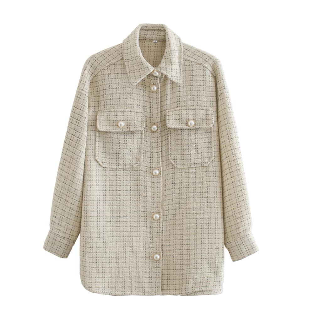 Dame efterår tweed jakke femme vinter femme frakke med turn-down krave med lomme lange ærmer oversize outwear frakke: Hvid / S