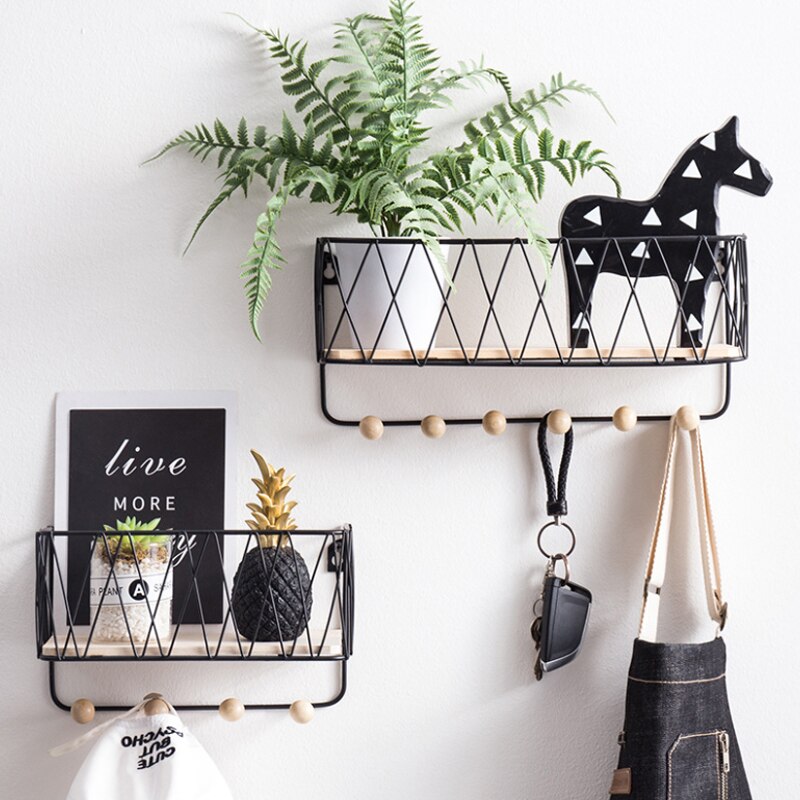 Key Holder Mail Rack Entryway Shelf Simple Nordic Wrought Iron Grid Wall Mount Storage Rack Hooks Key Sorter Organizer