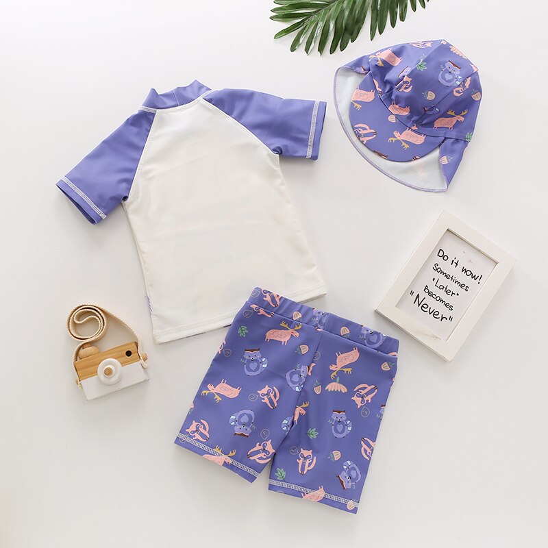 Kid Baby Boy 3Pcs Summer Swimwear Swimsuit Cartoon Fox Print Short Sleeve Top Purple Short Pants Cap Swim Beach Bathing Suit