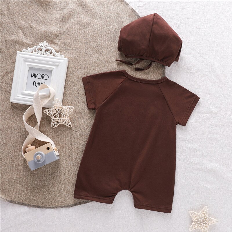 0-18M Pasgeboren Baby Jongen Rompertjes Korte Mouwen Cartoon Beer Print Romper Met Capuchon Cap Peuter Jongens Jumpsuits set