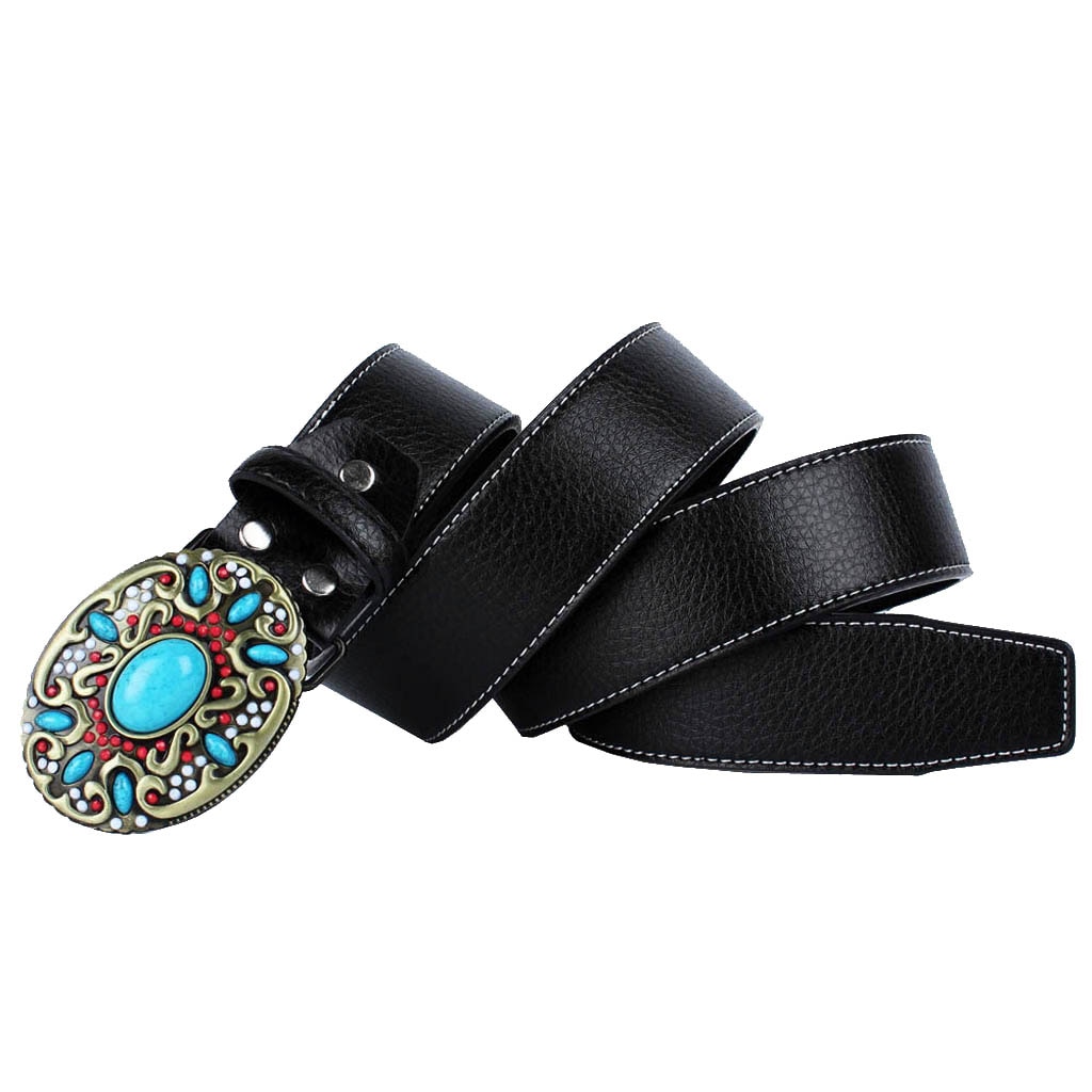 Black Belt Colorful Turquoise Buckle Western Leather Belt Indian Mens 110-125cm/3.8cm Width