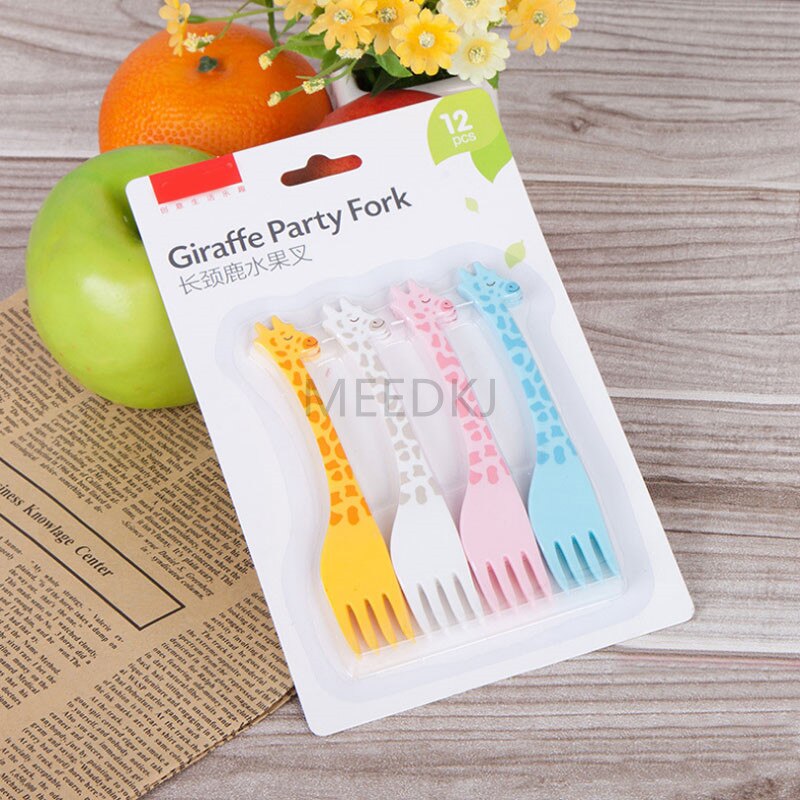 12 blandet giraf frugt gaffel sæt husstand plastik søde tegneserie børn bordservice frugt kage gaffel