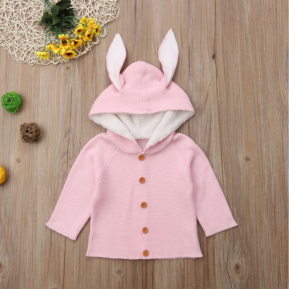 Newborn Toddler Kids Baby Girls Boy Bunny Ear Hooded Sweater Knitted Coat Outerwear for 0-24M