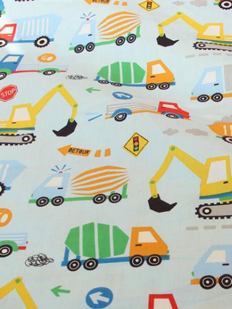 100%  bomuld viaphil mærke tegneserie lastbiler biler konstruktion køretøjer trykte stof bil stof patchwork klud kjole hjem indretning: Blå