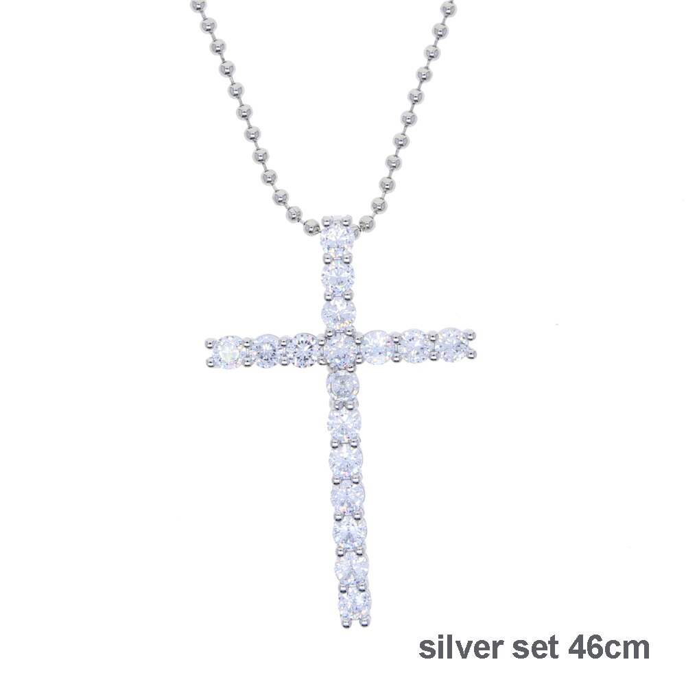 Iced out bling women girl jewelry hiphop bling 5A cubic zirconia cz tennis chain 30*50mm cross pendant choker necklace: bead silver set 46cm