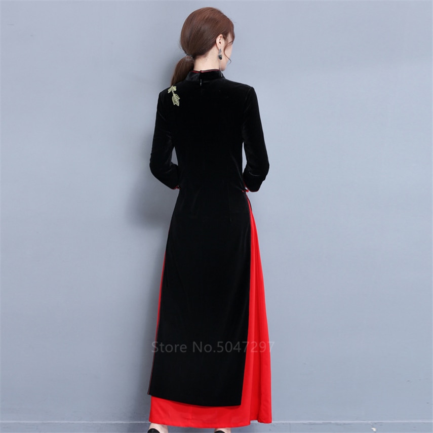 Traditionella kläder vietnam ao dai klänning för kvinnor tjejer bröllop cheongsam qipao sammet tight blomma broderi split klänning