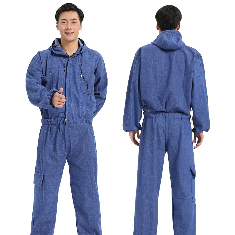 Mannen Werkkleding Lange Mouwen Denim Overall Stofdicht Kleding Hooded Overalls Werknemer Reparateur Machine Auto Reparatie Uniformen
