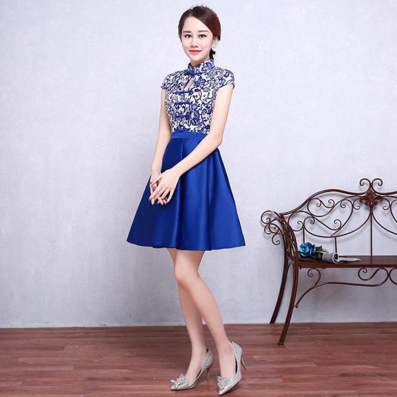 Qipao-Vestido corto de satén con cuello mandarín para mujer, Vestido corto plisado, Azul Real, estilo chino, tallas S, M, L, XL, XXL y A-121: M