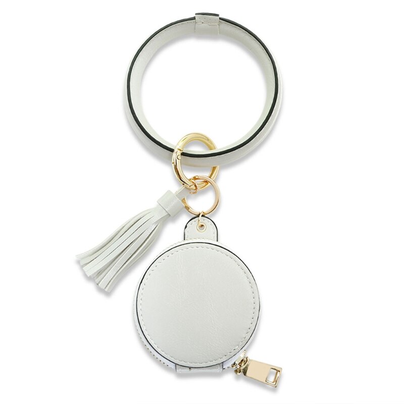 Vrouwen Oordopjes Sleutelhanger Armband Tas Lederen Polsbandje Cirkel Sleutelhanger Bangle Koptelefoon Kwastje Mini Portemonnee Met Make-Up Spiegel: WHITE