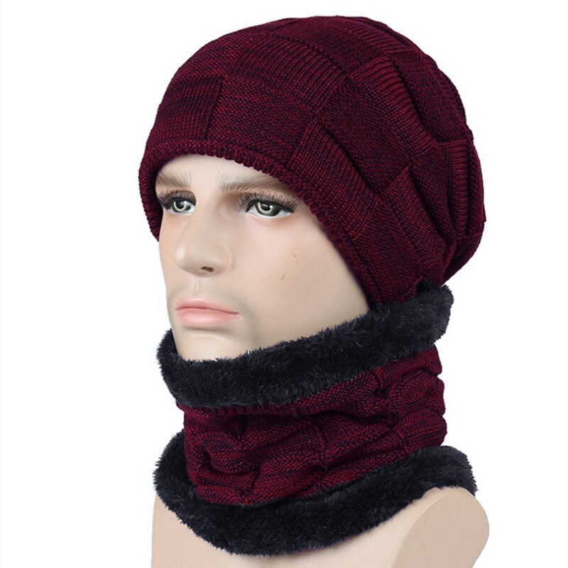 Nyaste varma mössor för män casual stickad mössa halsvärmare vintermössor för män utomhus skullies mössor varm fleecehatt: Vin, röd