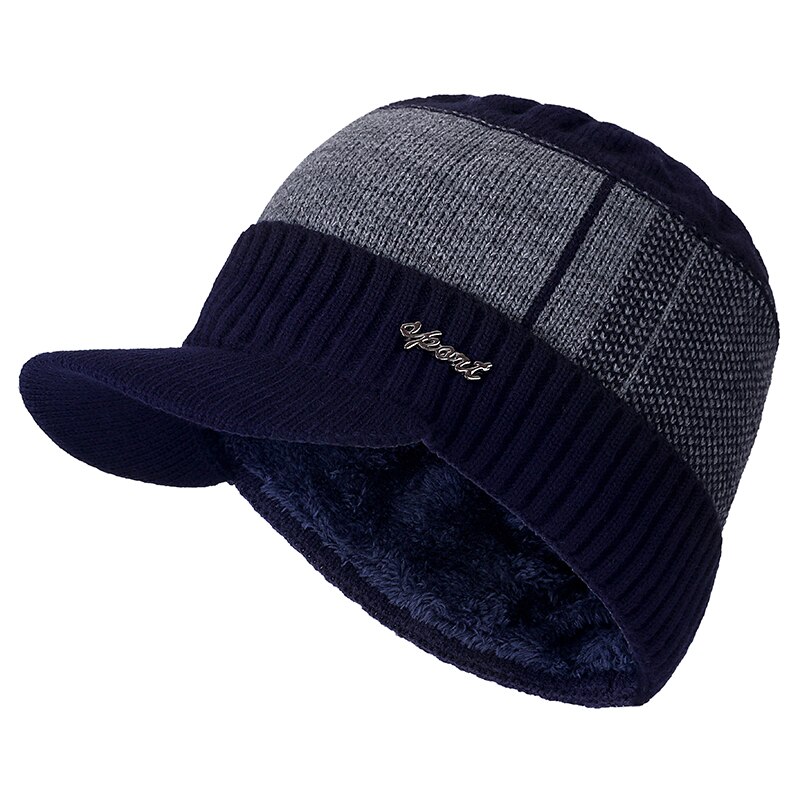 Gorros de invierno con visera de piel para hombre y mujer, Gorras de lana, gorros tejidos: dark blue