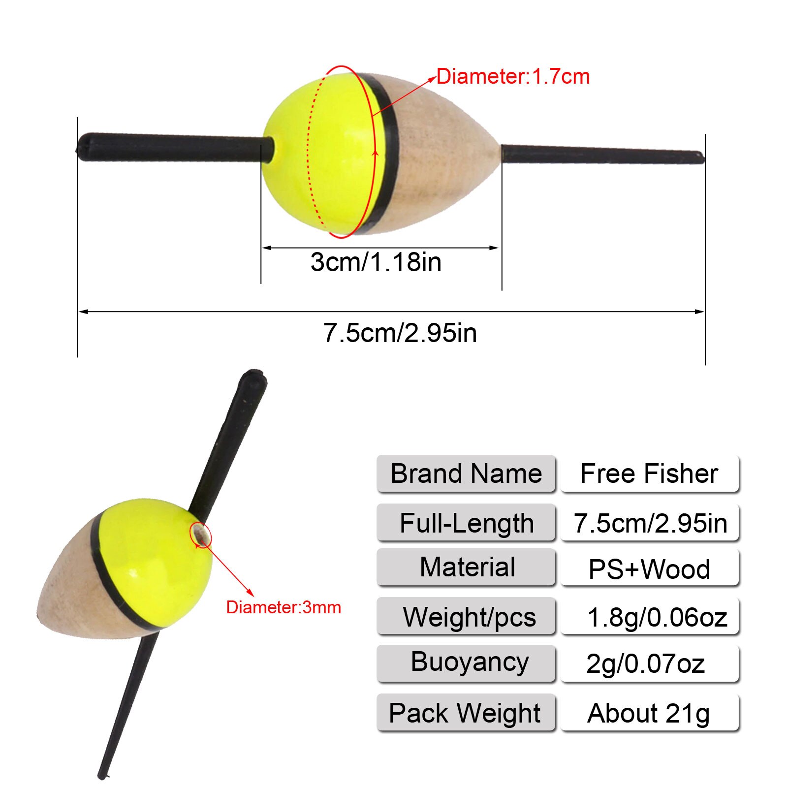 Flotteur en liège de pêche, 10 pièces/ensemble, bouée de Balsa éclairée, 1.5g/8.3 cm, accessoires de matériel de pêche