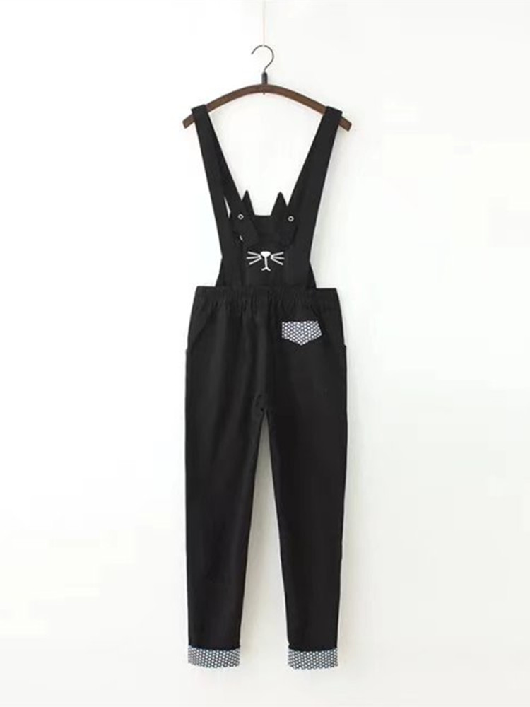 Japanischen Stil Kawaii Katze Stickerei Übergröße Schwarz Gesamt Gerollt Saum Denim Overall Für Frauen Combinaison Jeans Femme