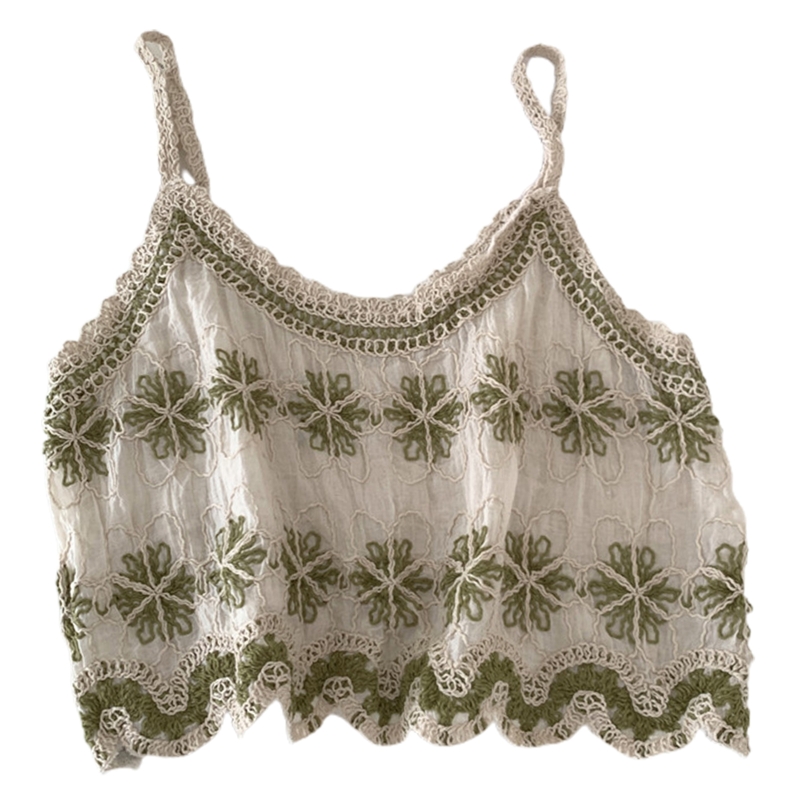 Camisola Vintage de lino y algodón para mujer, Top corto con tirantes finos y bordado de corazón a rayas, chaleco de ganchillo para playa