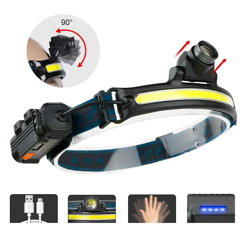 USB wiederauf ladbare Induktion scheinwerfer Zoomen Kolben LED Scheinwerfer in Batterie Taschenlampe Multifunktion 6 Modi Stirn lampe gebaut