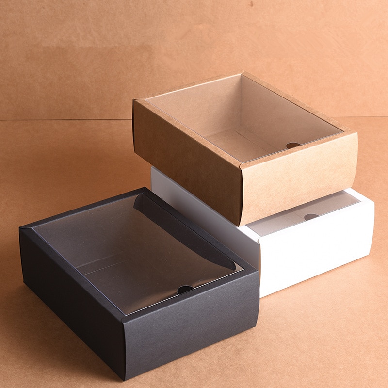 10pcs Folding Kraft Paper Box with Transparent PVC Window Box Packaging Box candy favors arts&krafts display package box