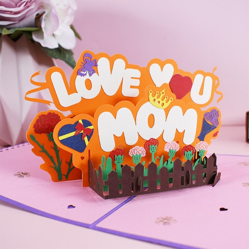 3D Pop-Up Love You Mom Greeting Card for Happy Birthday Mother's Day Envelope