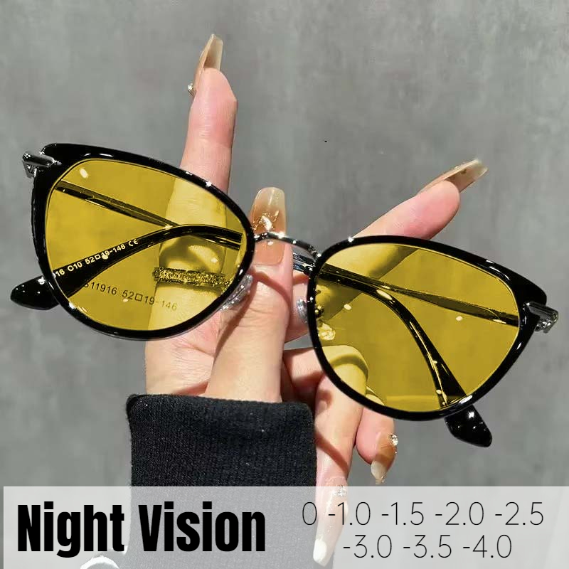 Gafas de visión nocturna para miopía, gafas de ojo de gato para la visión cercana para conducir, gafas graduadas terminadas, dioptrías Unisex de 0 a 4,0