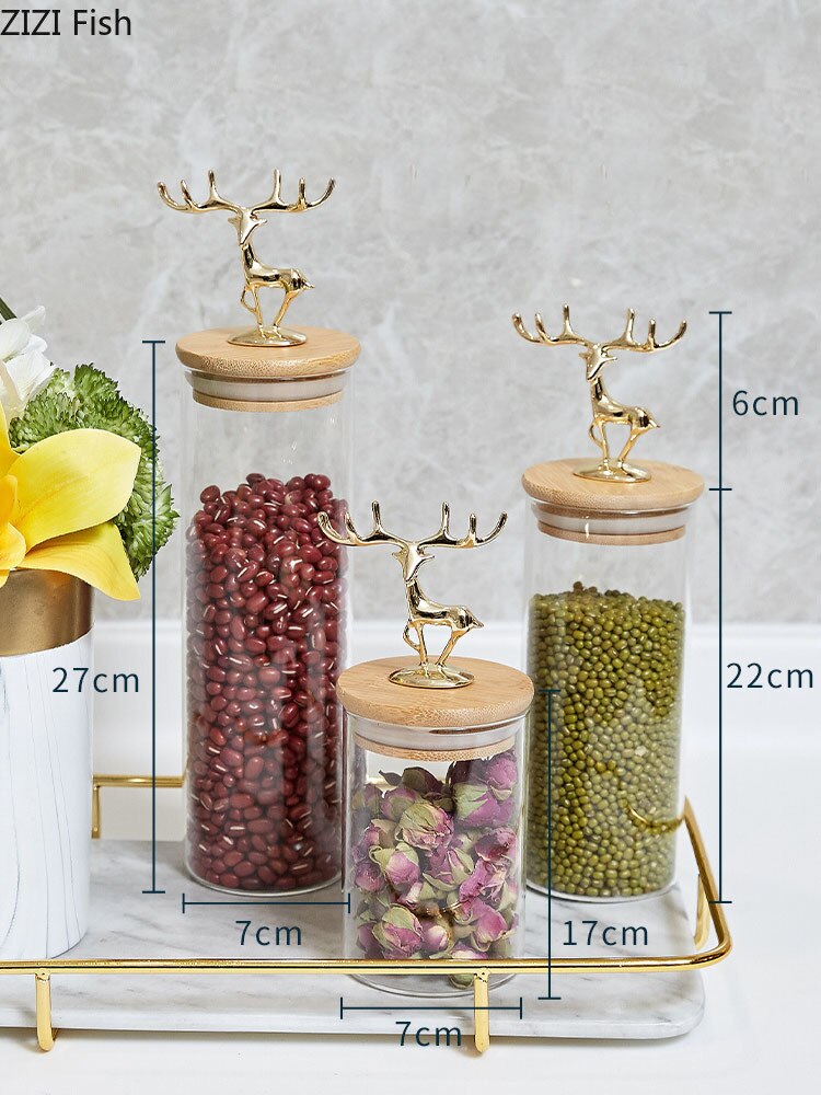 Contenedor de té europeo, sencillo, ciervo dorado, vidrio decorativo, especias, bote frasco para almacenar dulces con tapa de madera, latas de granos de té Caddy
