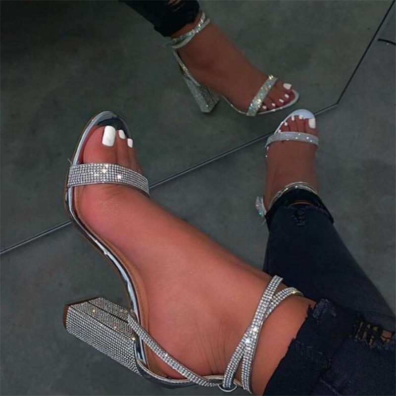 Strass dam sandaler fyrkantigt högt ankelskydd häl rund tå kontor dansspänne rem festklackar silver sandaler