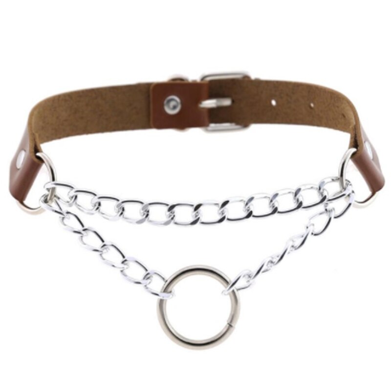 Punk choker collar for women necklace Goth Silver color chain leather choker collar women chocker girls emo jewelry: Brown