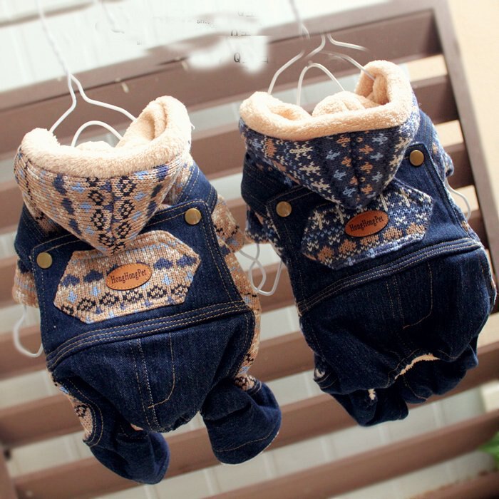 Sällskapsdjur kläder för hund djur nyaste denim rutnät yorkshire chihuahua vinter varm tjock kostym övergripande för valp katt varor