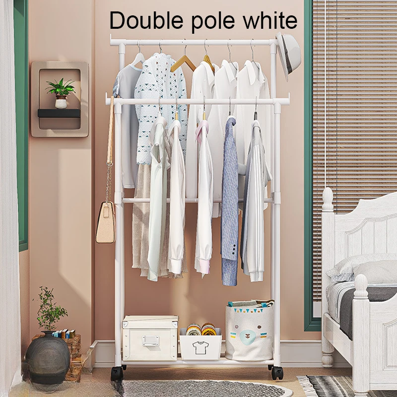 Porte-vêtements Double tige multifonctionnel Portable cintre chambre étagère avec roue étagère rangement porte-vêtements sol mobile manteau: Rouge