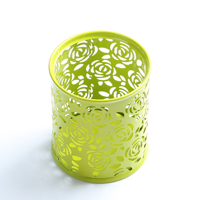 1PC Storage Organizer Hollow Rose Flower Pen Case Pencil Stand Container Stationary Study Round Pen Holders: Green