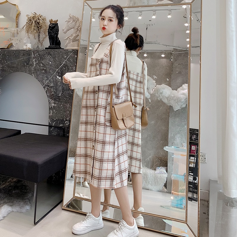 9445 # herbst Winter Mutterschaft Kleid Anzüge hoch Nacken Gestrickte Hemden + Plaid Panzer Kleid setzt Kleidung für Schwangere Frauen schwangerschaft