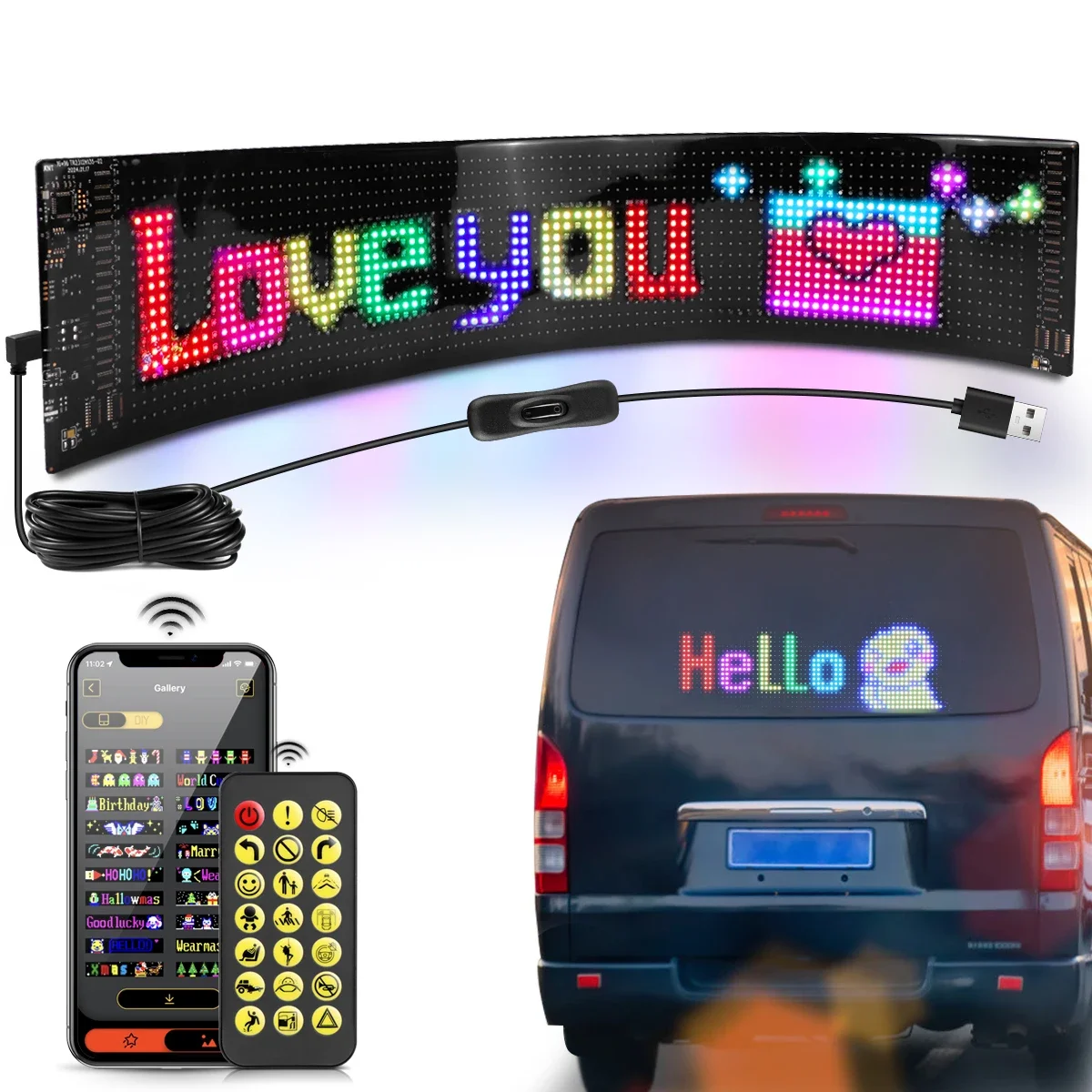 Scrollende reklame led-skilt led-øjne til lastbil usb-appstyring brugerdefineret tekstmønster programmerbart display lastbil bil djævleøje