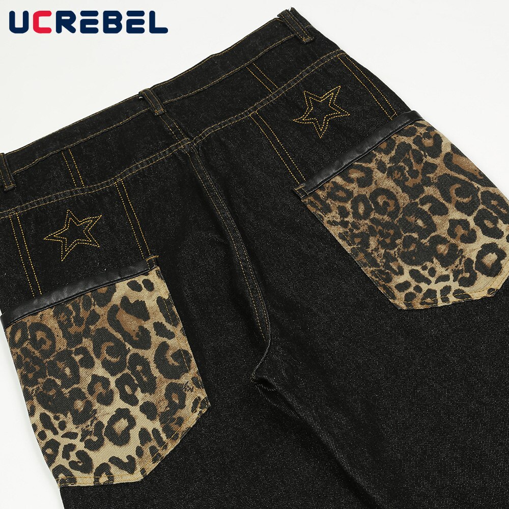Pantalones vaqueros con estampado de leopardo para hombre, Jeans con paneles de contraste, ropa de calle, pantalones sueltos de pierna recta