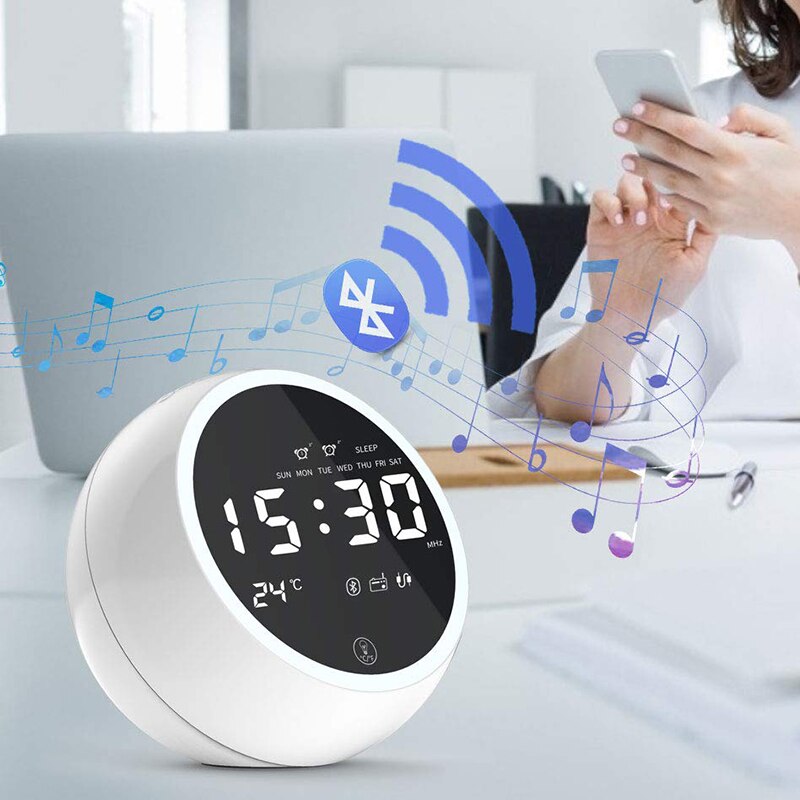 Digitale wekker, bluetooth speaker radiowekker voor slaapkamers, dubbele wekker met fm, twee usb-opladers, slaaptimer, temperatuur