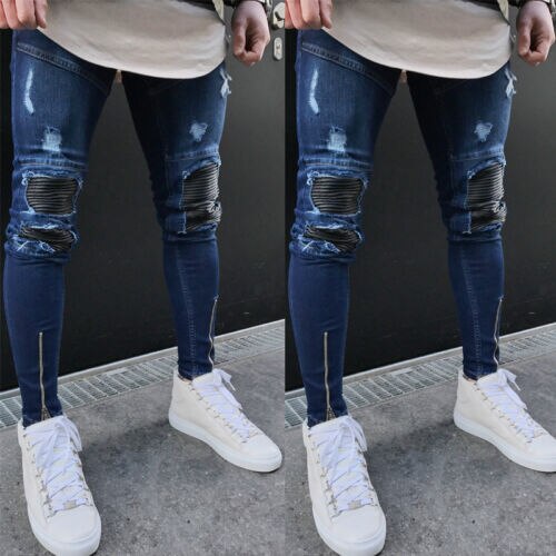 Gli uomini Alla Moda jeans Strappati, Pantaloni motociclista magro sottile Etero Pantaloni in denim Della Chiusura Lampo