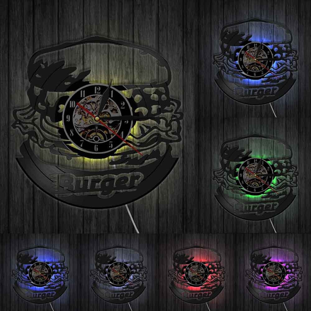 Decoración de Pared para el hogar, Reloj de hamburguesa con disco de vinilo, cocina, con luz, de comida rápida, con lámpara Led de moderno