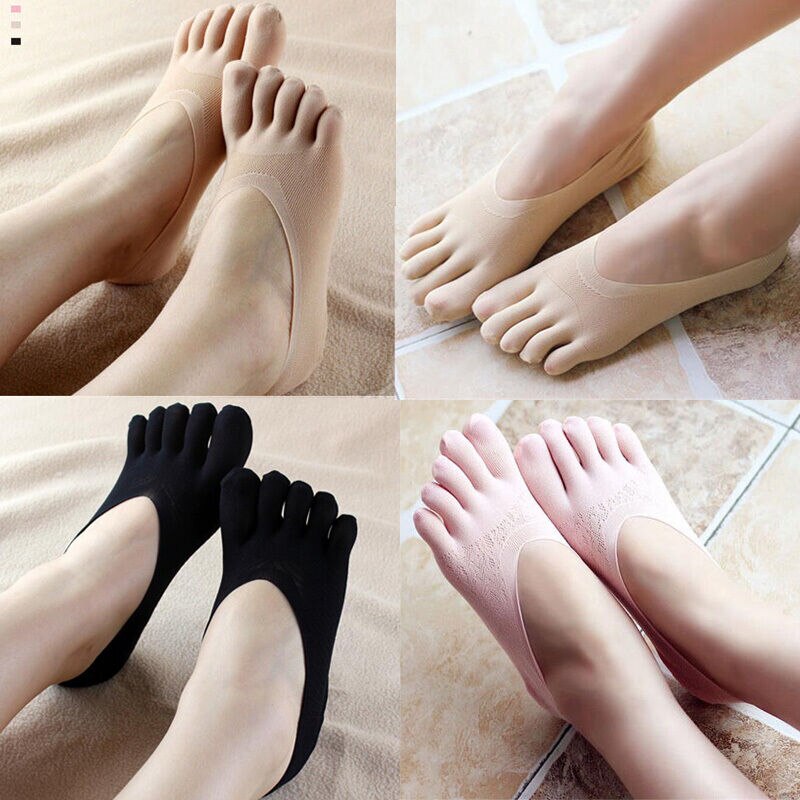 1Pair Women Solid Seamless Low Cut Sock Slippers Crew Ankle Five Finger Toe Boat Invisibility Non-slip Socks Slippers Hosiery