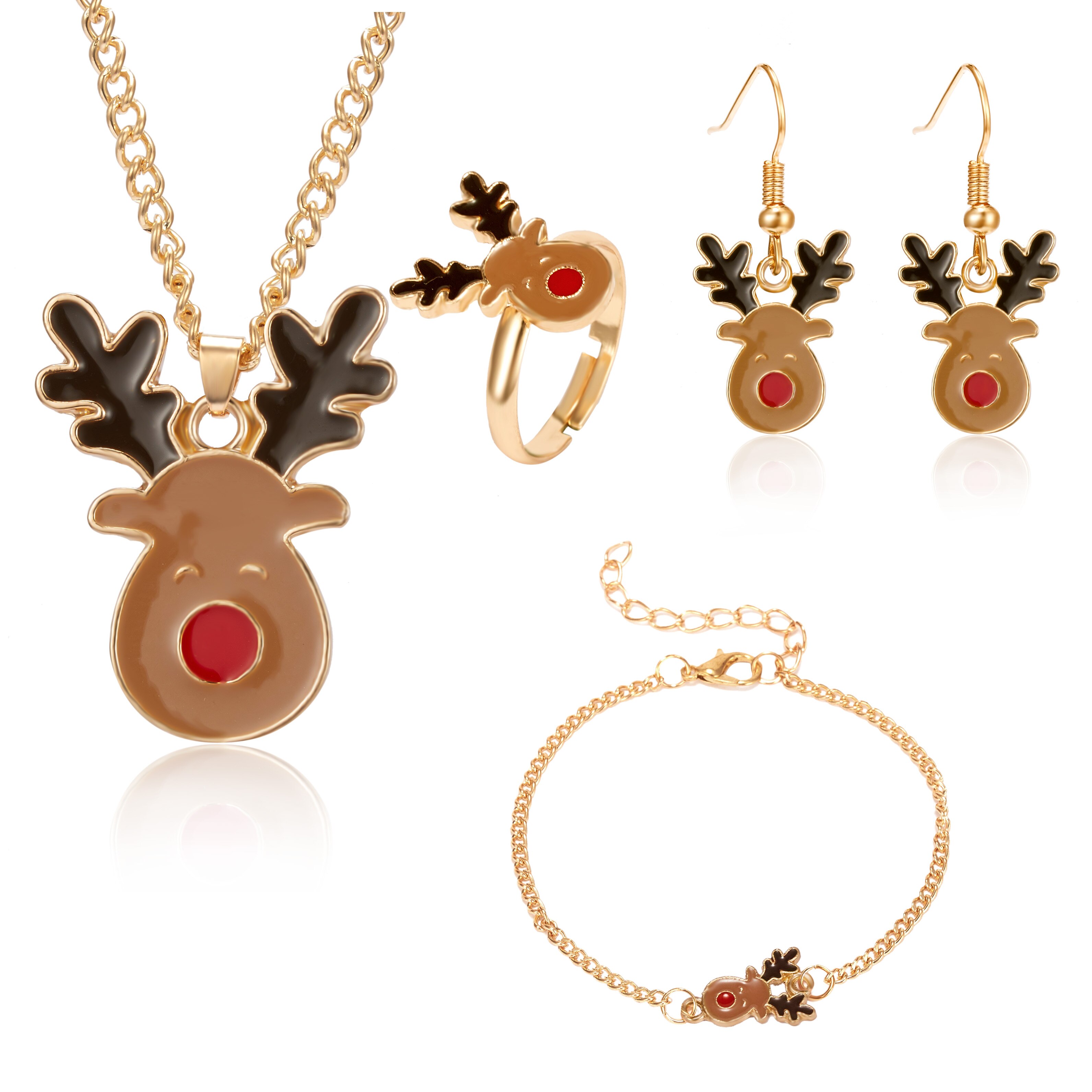 4 pçs/set novo natal encantos pingentes conjunto de jóias árvore natal cervos sinos papai noel brincos colar pulseira anel presente: JS17Y060M1
