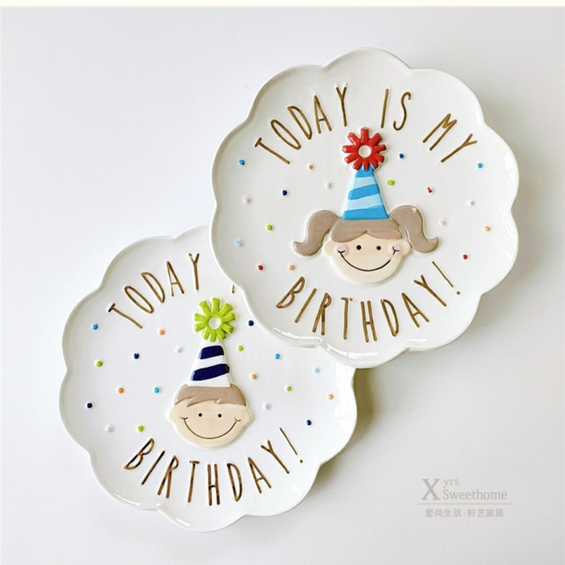 European Style Birthday Plate for Boys and Girls Hand-painted Dessert &amp; Bread Plate Porcelain Candy Plate