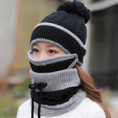 Vinter varme kvinder strikket beanie tørklæde hat ansigtsmaske 3 stk snood hals pompon hætter: Sort