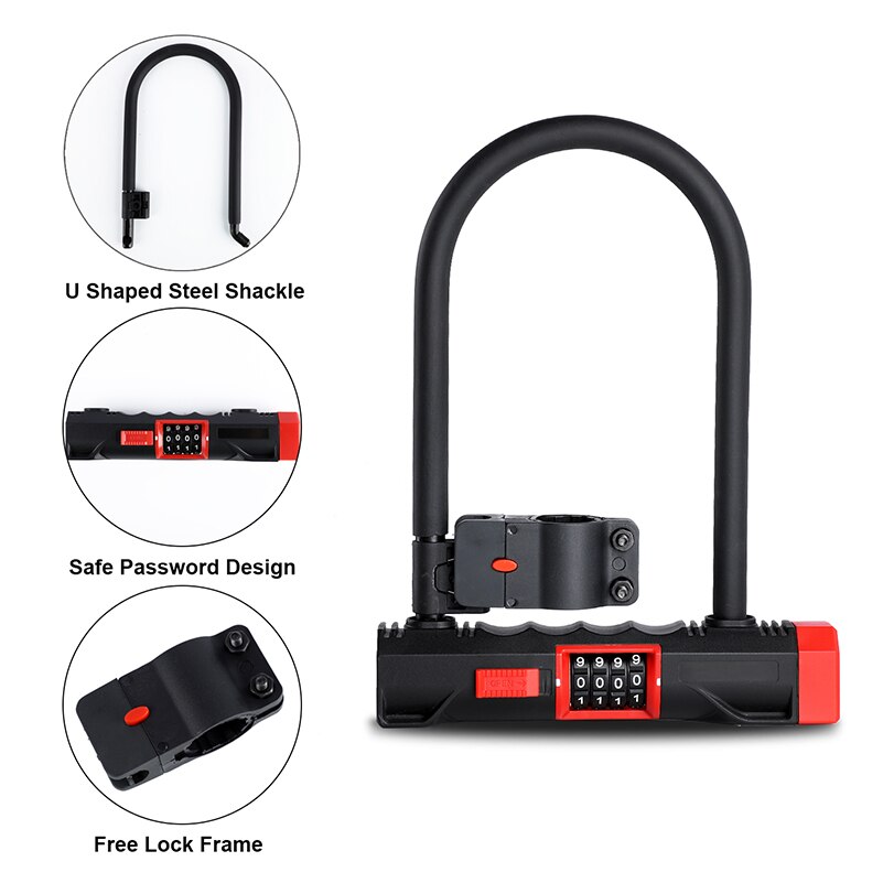 WEST BIKING Password Code Bicycle U Lock Anti-theft MTB Road Bike Motorcycle Bike U Lock Steel Safety Heavy Duty Bicycle U-Locks