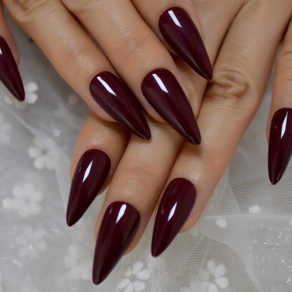 Faux ongles bordeaux à pointe pointue, en acrylique, pour Salon, couverture complète avec autocollant gelée, 24 pièces