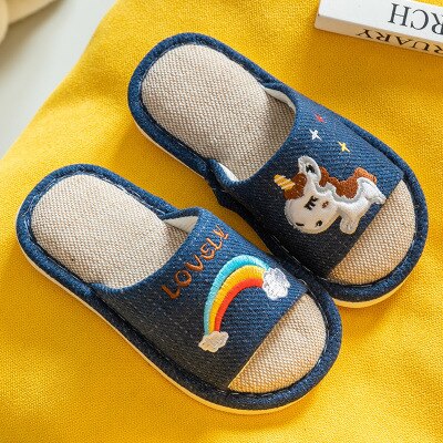 nouveaux enfants pantoufles garçon fille lin chambre tongs licorne chaussures coton pantoufles enfants hiver bébé dessin animé maison chaussures: blue / 21