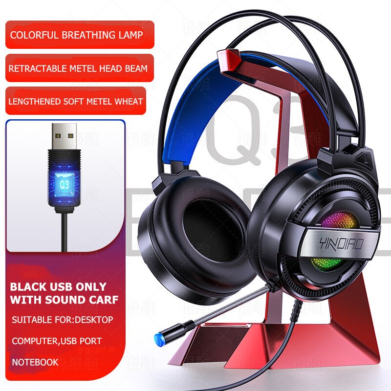 Wireless&Wired Bluetooth headphone with microphone Gaming headset Surround Sound Stereo with USB Light headphone for pc gamer: Black USB