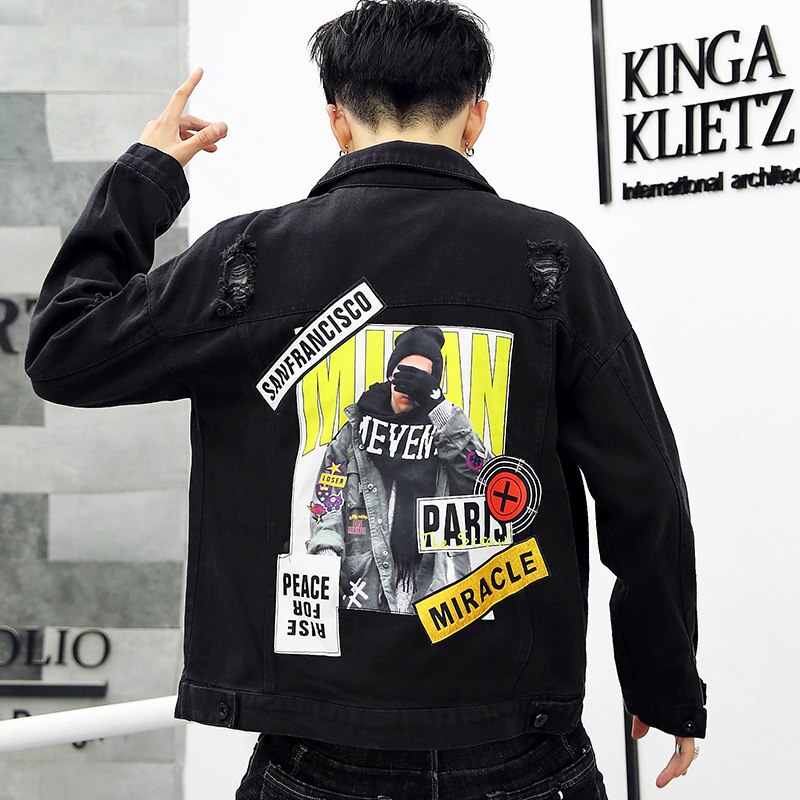 Fall teenagers denim jacket male student trendy handsome clothes teenager denim jacket boys Korean men's jacket coat: Black / L
