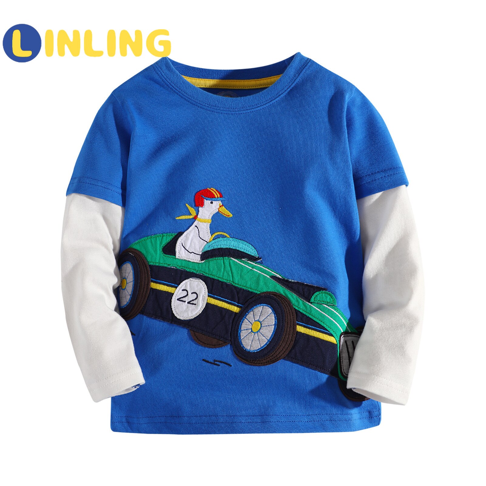 LINLING Herbst Winter Jungen Langarm Baumwolle T-Shirt Druck 3D Welpen Auto Ente freundlicher Warme Baumwolle T-Shirt P623