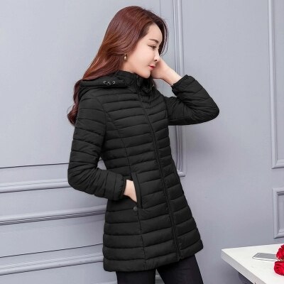 Kvinner høst vinter jakke parkas solid hette middels langt yttertøy slim plus size 7xl kvinnelig dunjakke i bomull  w33: Svart / 6xl
