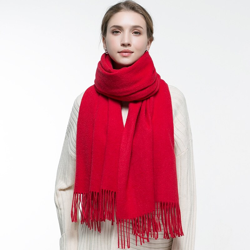 Efterår visne uld tørklæde kvinder tykkere varme echarpe wraps damer cashmere foulard femme solid kamel fine uld tørklæder: Rød