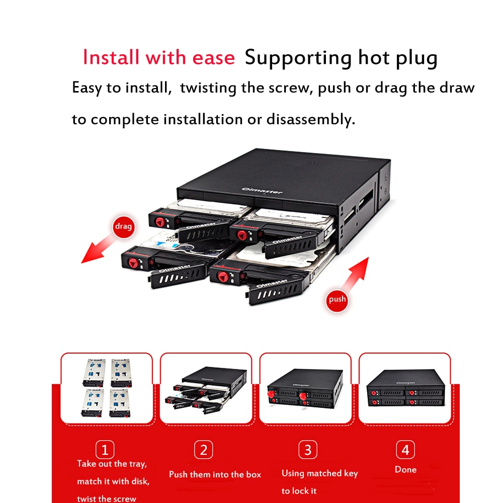 Oimaster 4 fack 2.5 '' sata hdd ssd hårddisk mobil rack backplane med nyckellås locker funktion 6 gbps för 5.25 '' drive bay